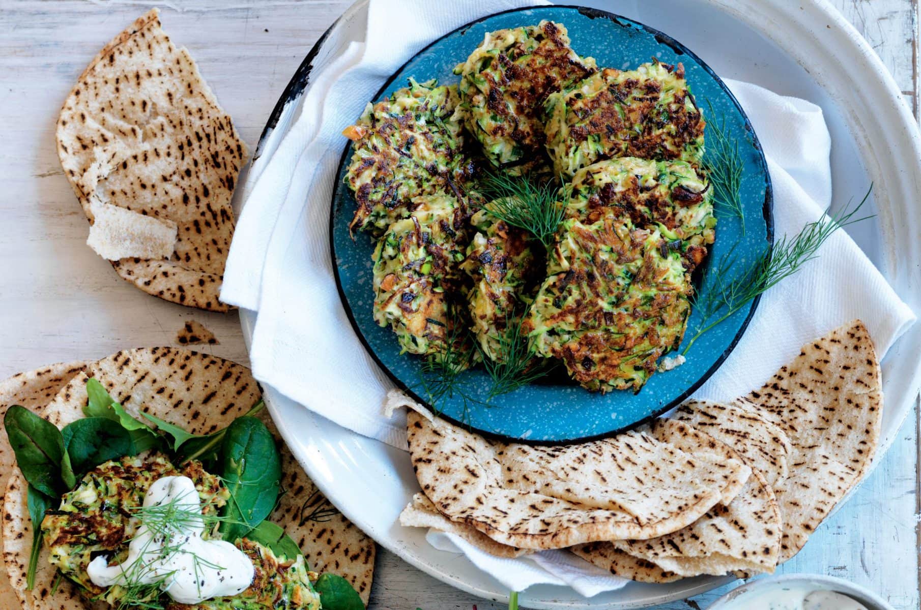 Quinoa and courgette fritters with dill tzatziki