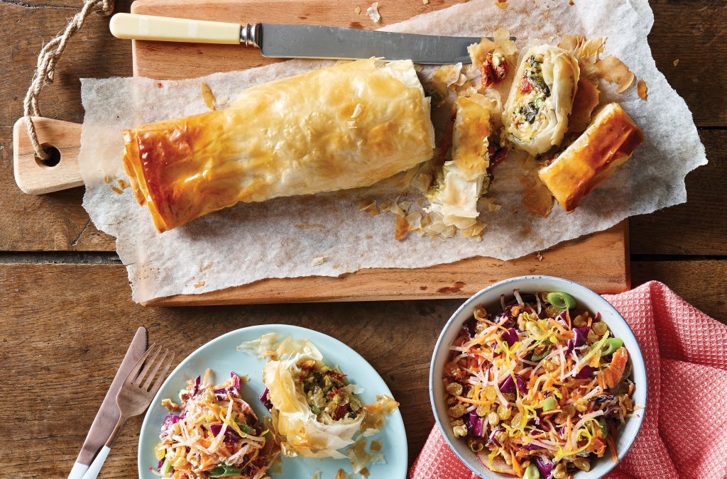 Summer vegetable strudel with nutty rainbow slaw Summer vegetable strudel with nutty rainbow slaw