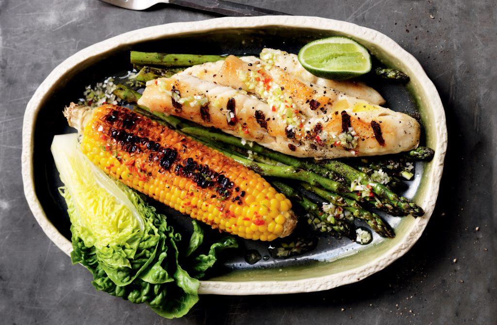 Grilled fish with chilli-lime corn and asparagus Grilled fish with chilli-lime corn and asparagus