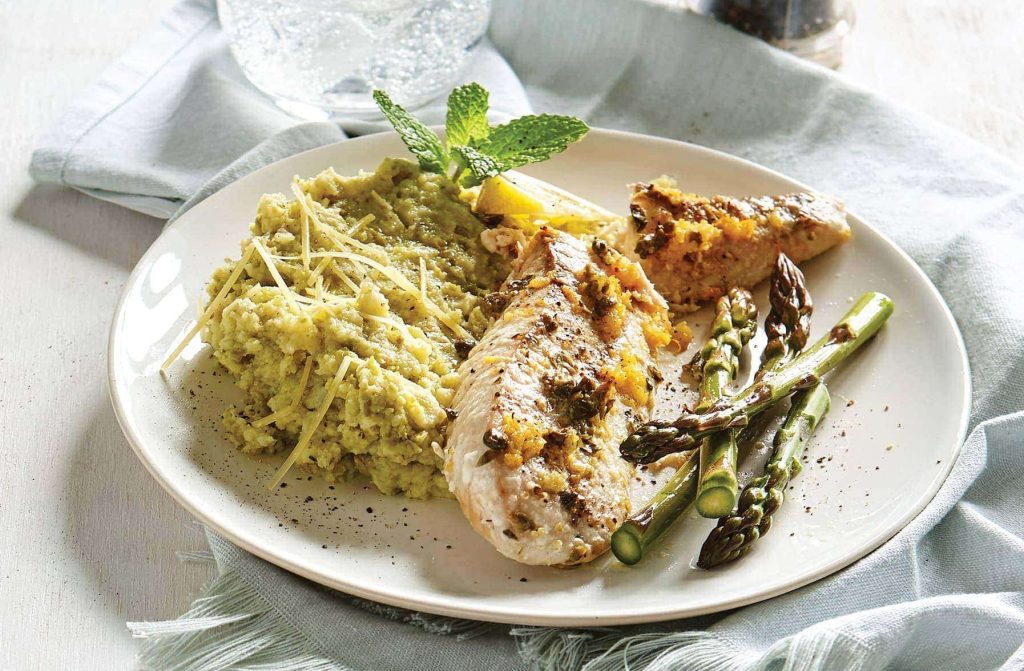 Lemon fish with summer green mash