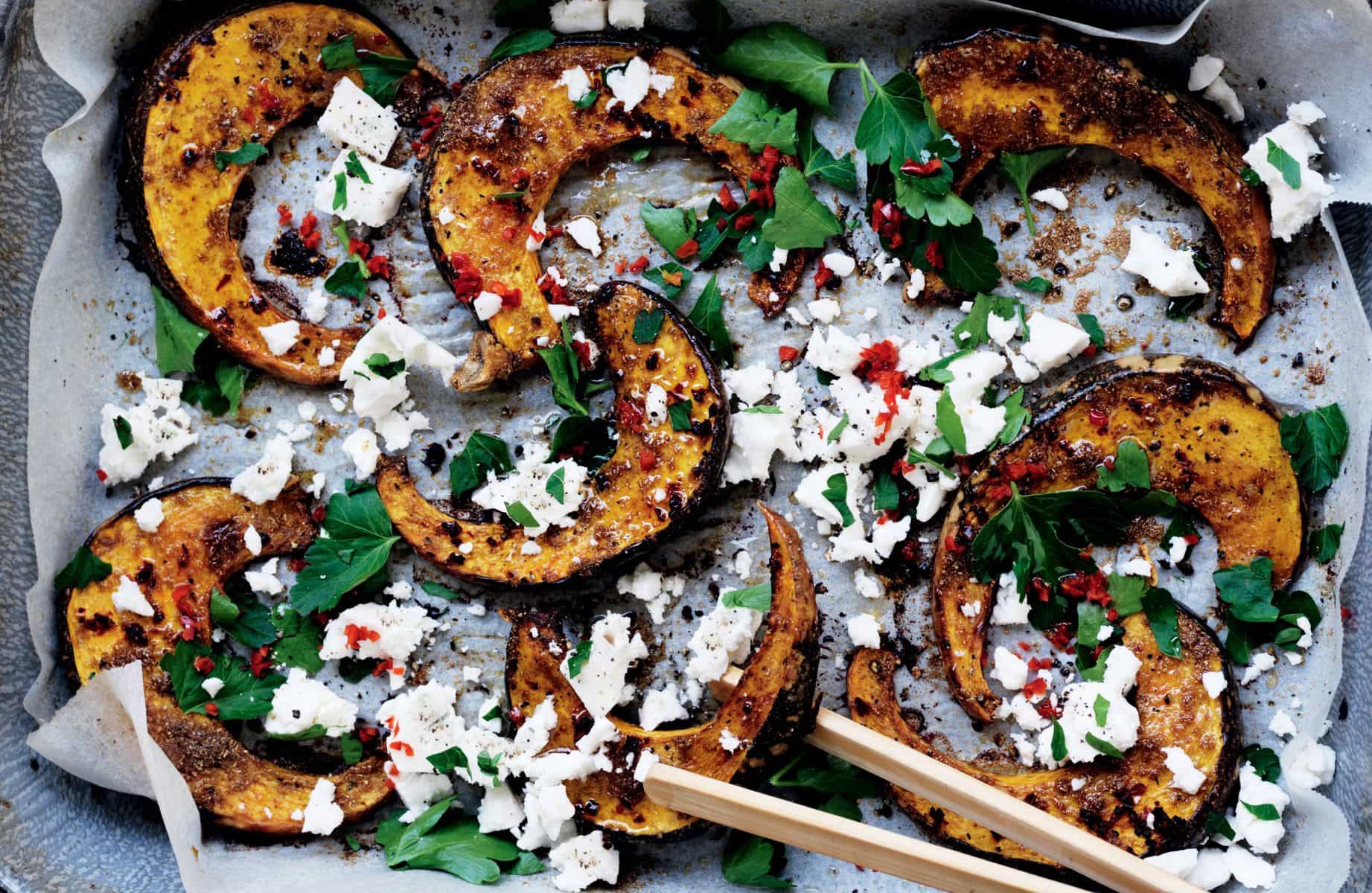 Spice roasted pumpkin with chilli and feta