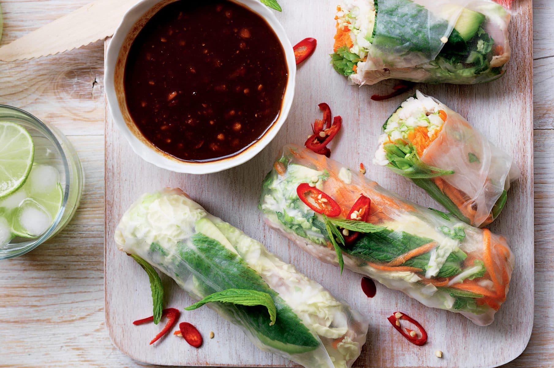 Turkey and vege rice paper rolls with peanut dipping sauce