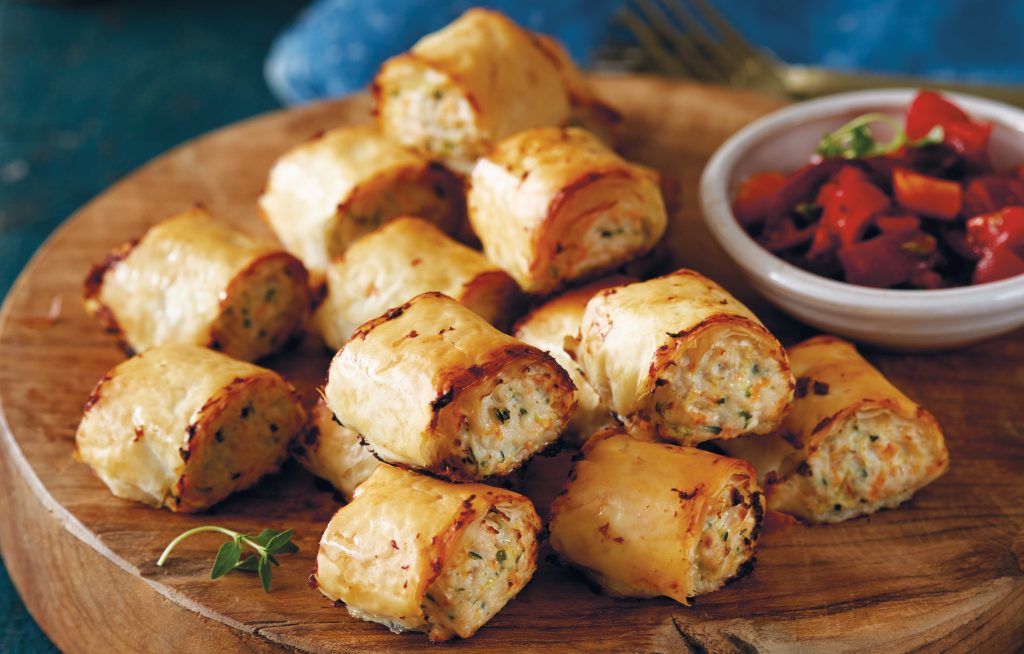 Chicken and thyme sausage rolls with fresh tomato sauce Chicken and thyme sausage rolls with fresh tomato sauce