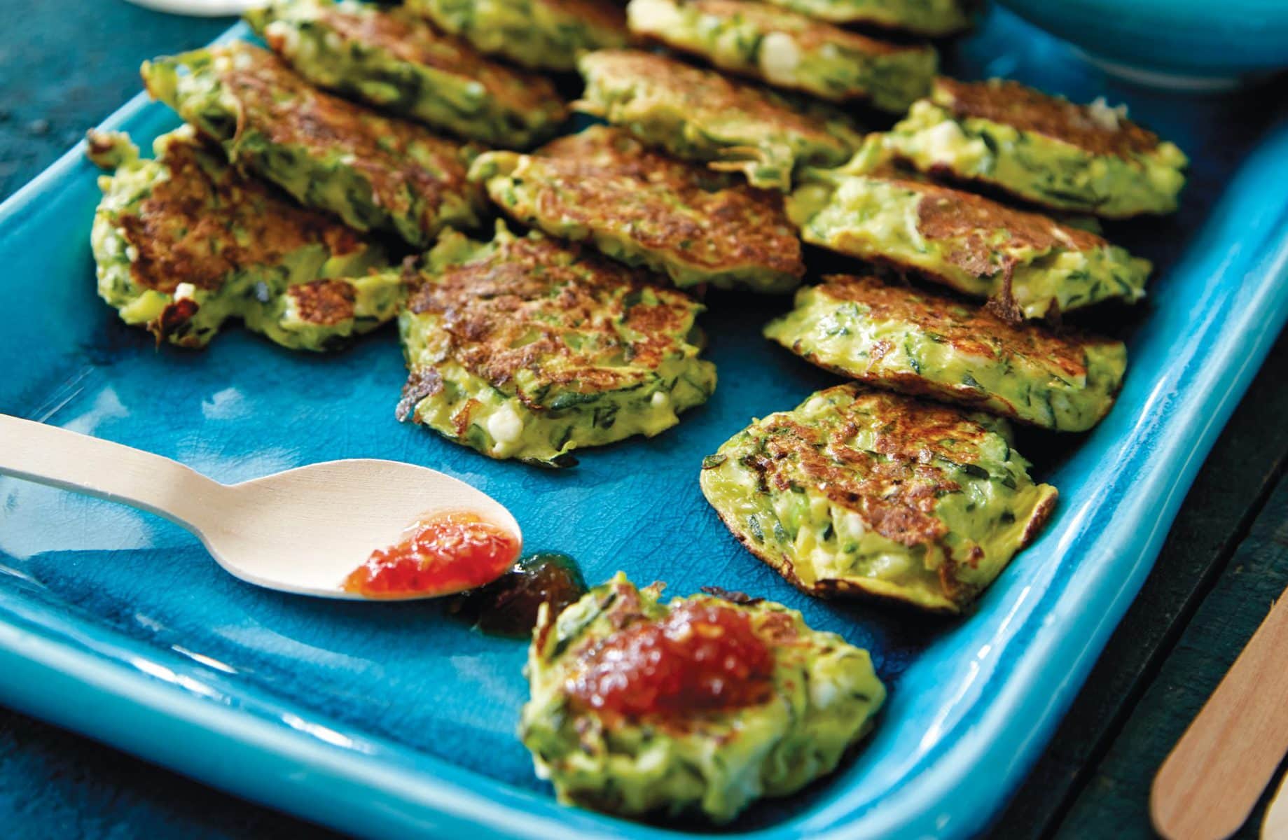 Courgette, feta and mint fritters with chilli jam