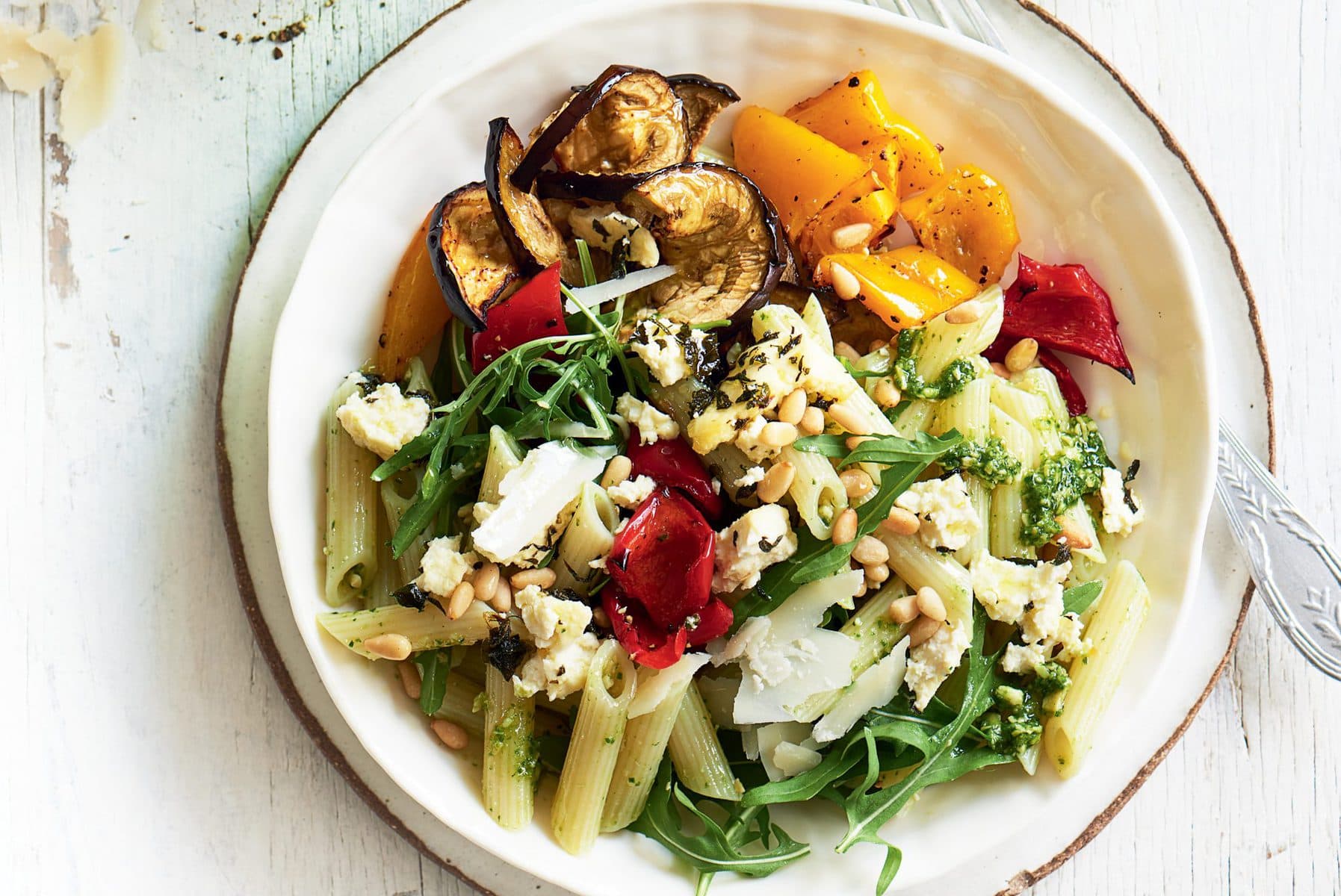 Pesto pasta salad with roasted veg and baked ricotta