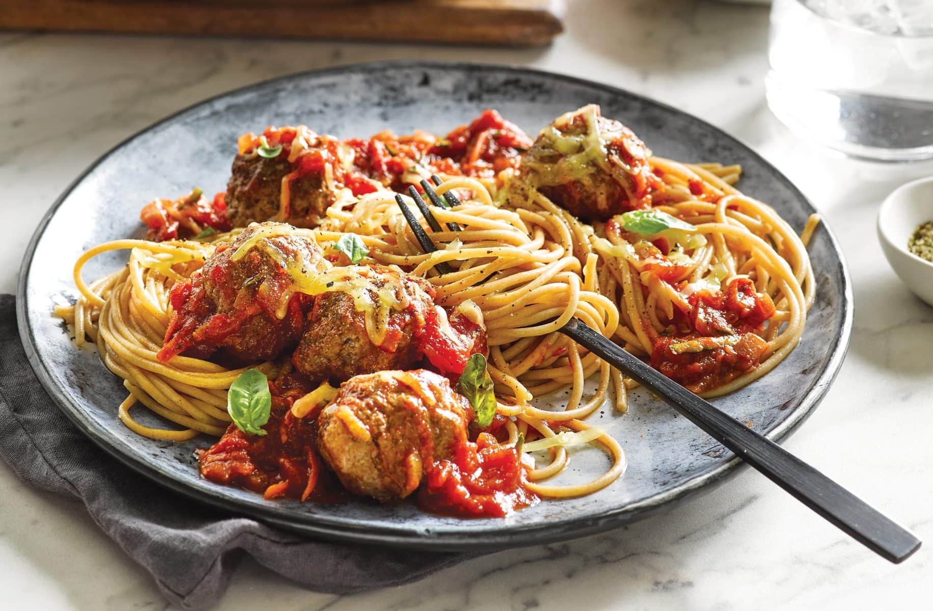 Spaghetti and meatballs in pomodoro sauce