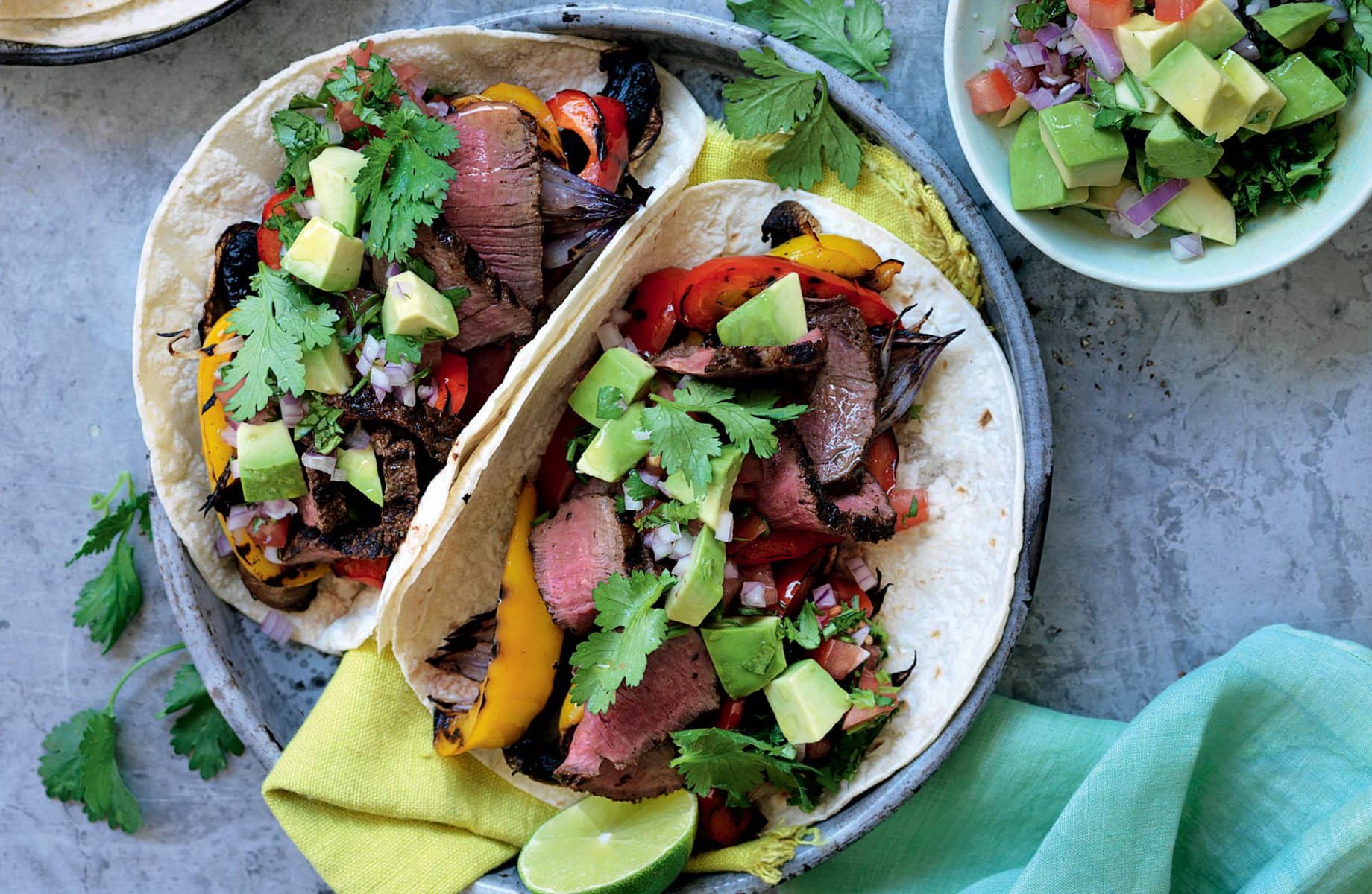 Smoky beef and vege fajitas with avocado salsa