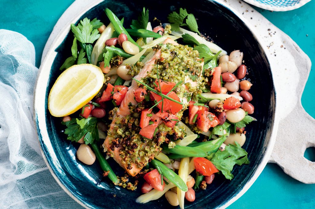 Almond-crusted salmon with bean salad and salsa Almond-crusted salmon with bean salad and salsa
