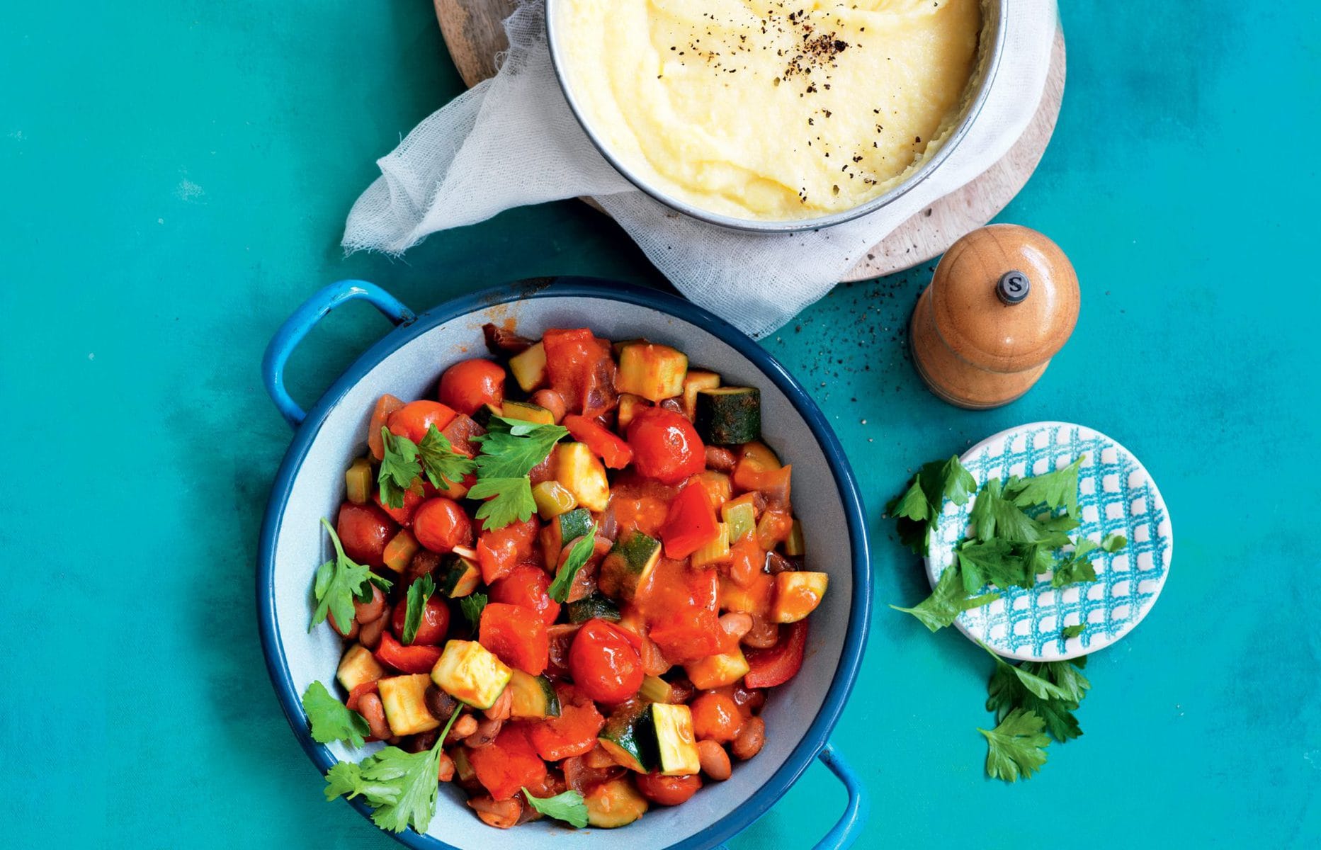 Soft polenta with braised capsicums and borlotti beans