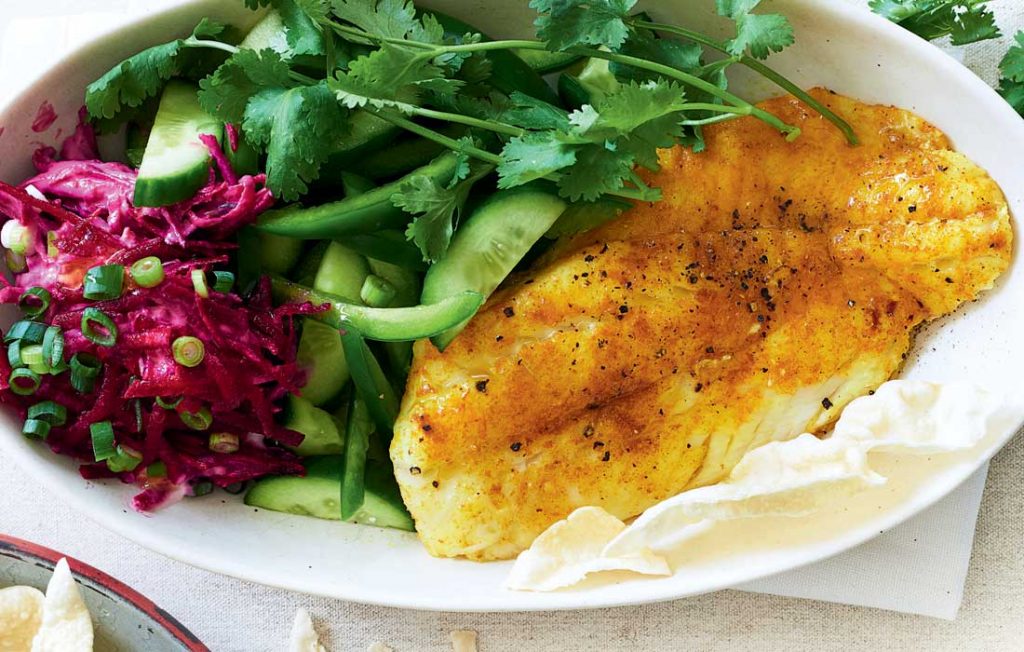 Spiced fish with beetroot raita