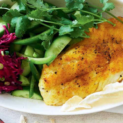 Spiced fish with beetroot raita