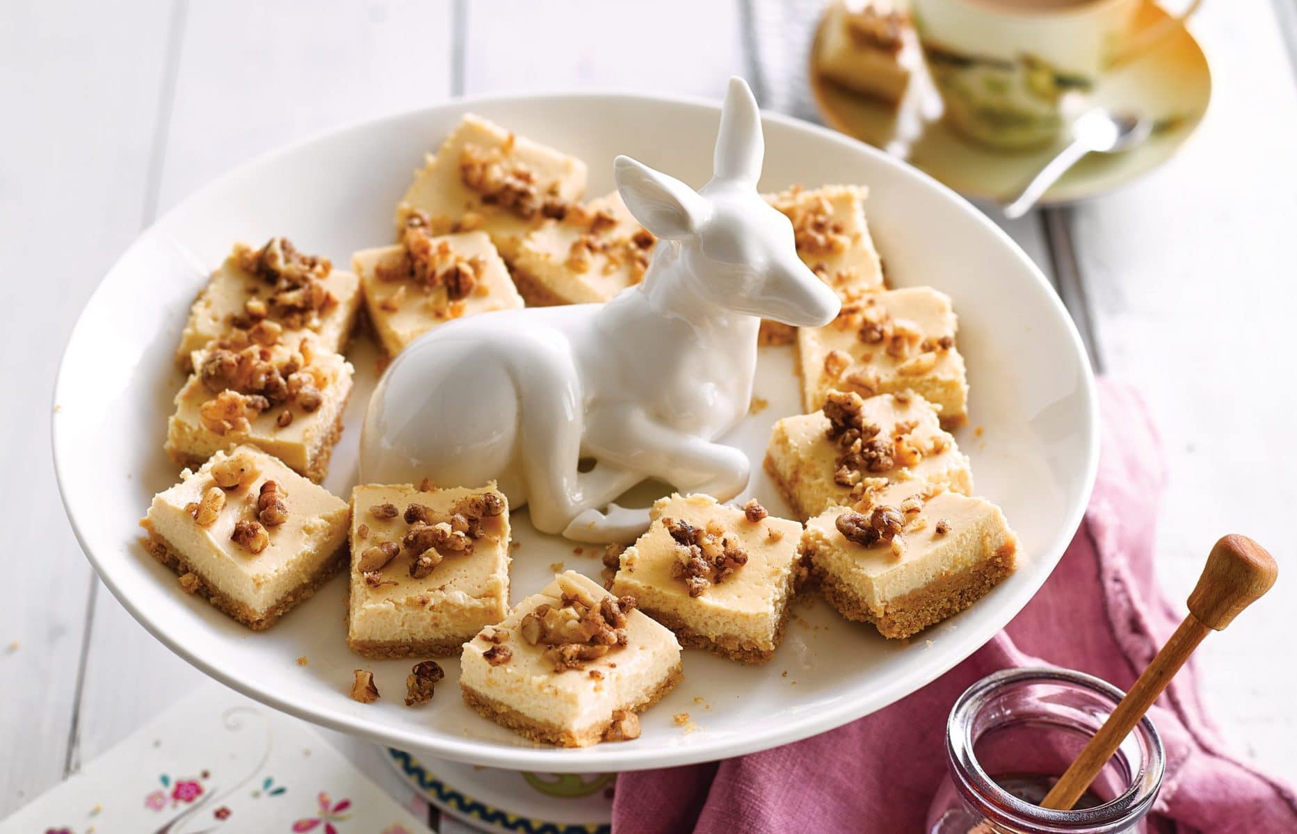 Baked honey cheesecake bites with toasted walnut crumb