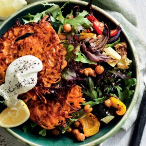 Curried kumara rösti with roasted vege salad