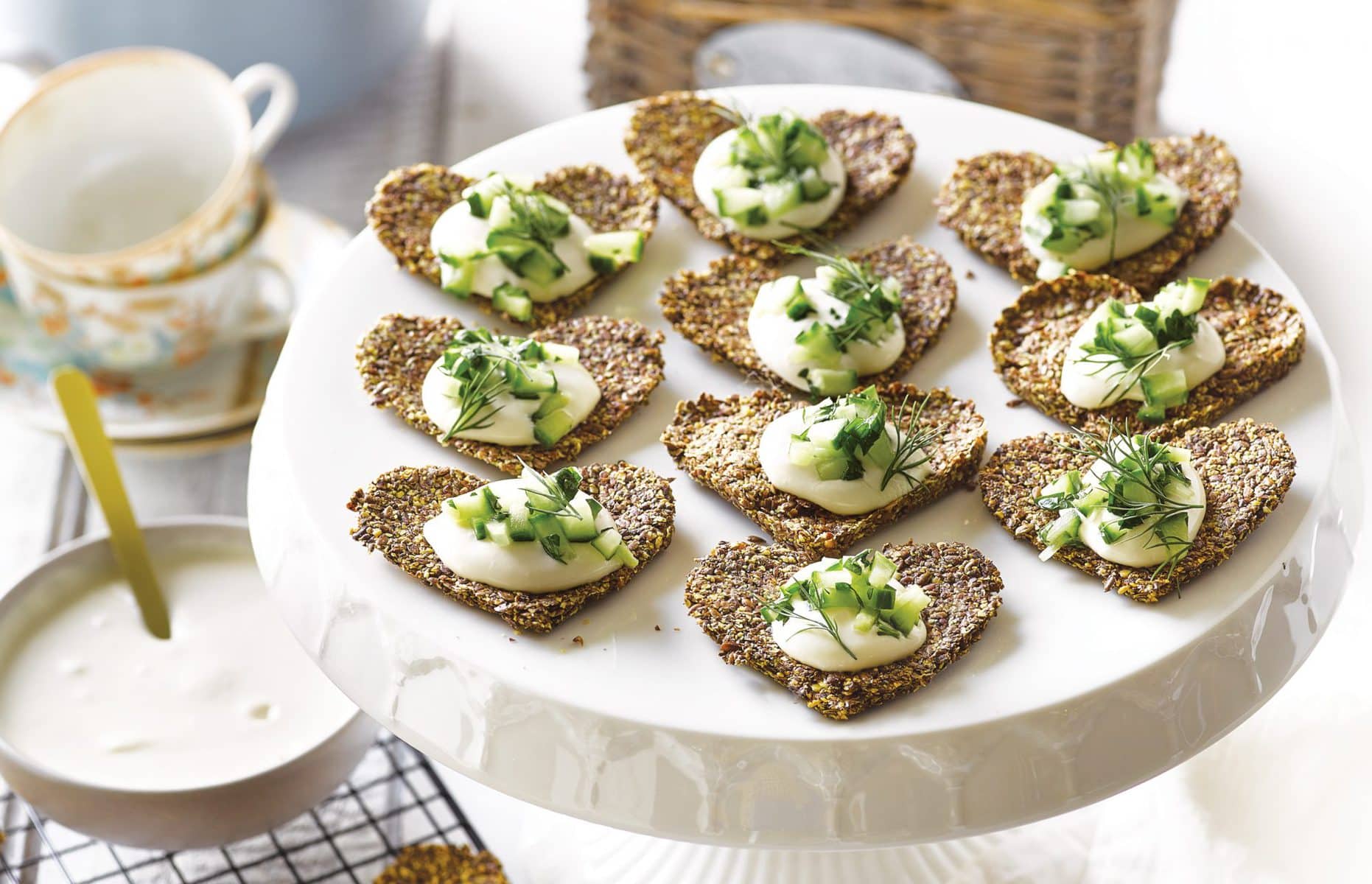 Linseed crackers with whipped feta and herbed cucumber