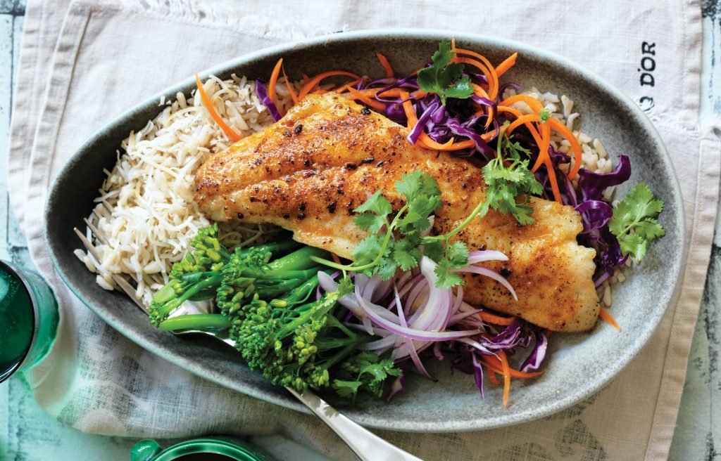 Spiced fish with slaw and coconut rice Spiced fish with slaw and coconut rice