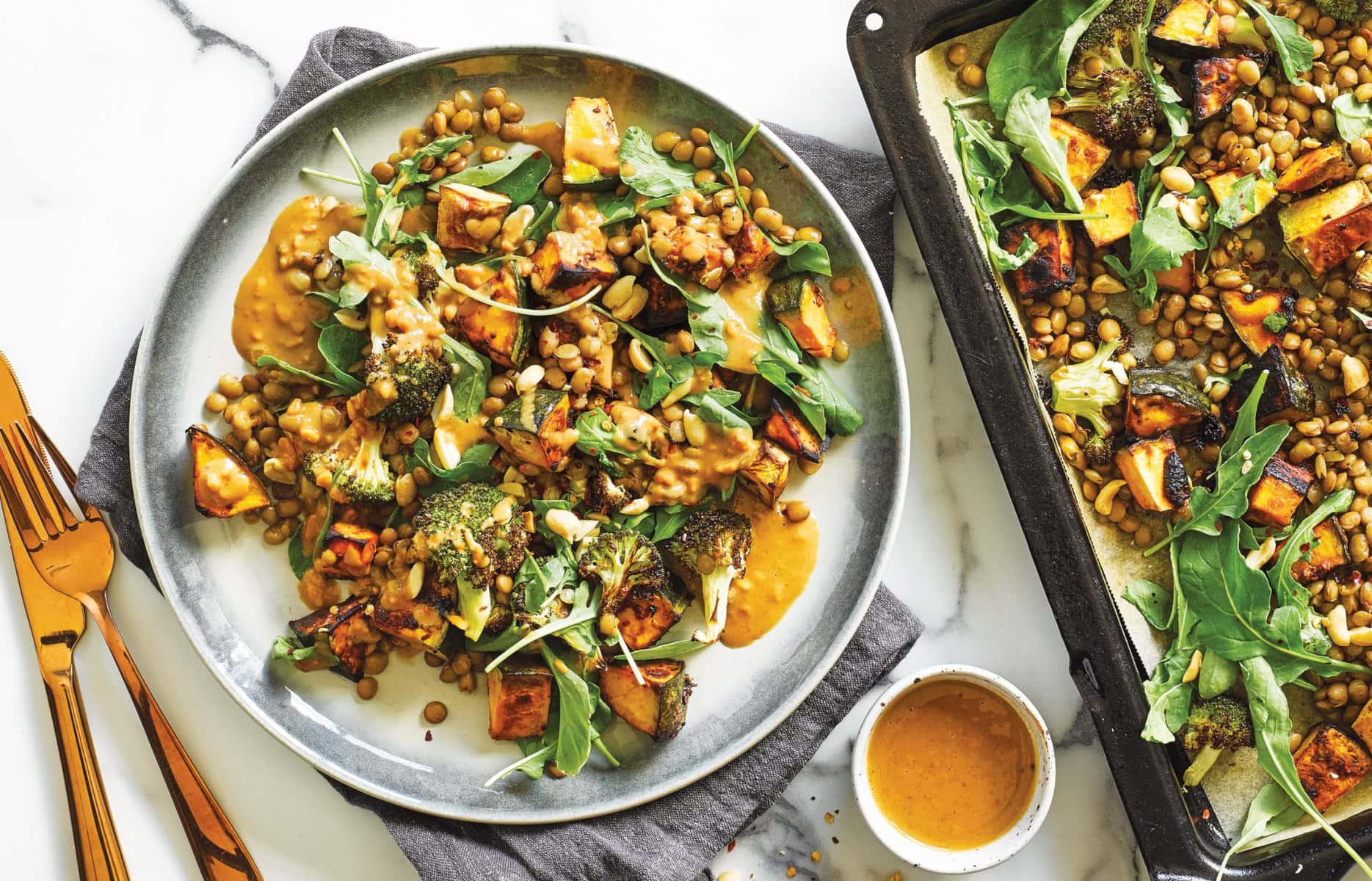 Warm broccoli and miso-roasted buttercup salad with peanut dressing