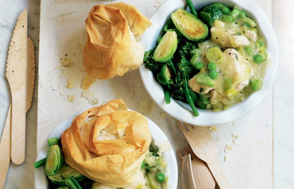 Chicken and leek filo pot pies individual pies with chicken, leek, filo, broccoli and Brussels sprouts