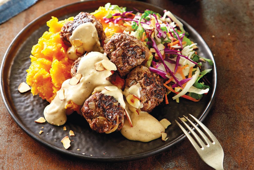 Swedish meatballs with vege mash and slaw Swedish meatballs with vege mash and slaw
