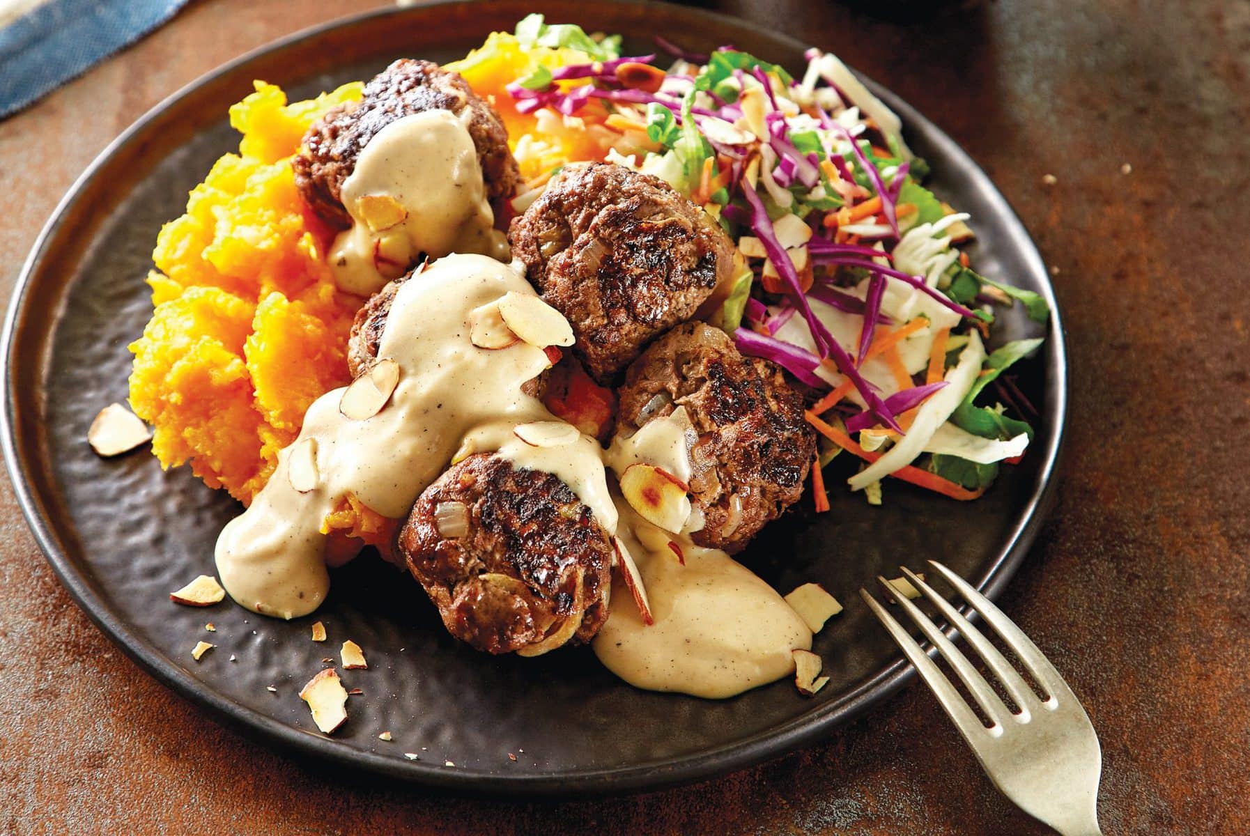 Swedish meatballs with vege mash and slaw
