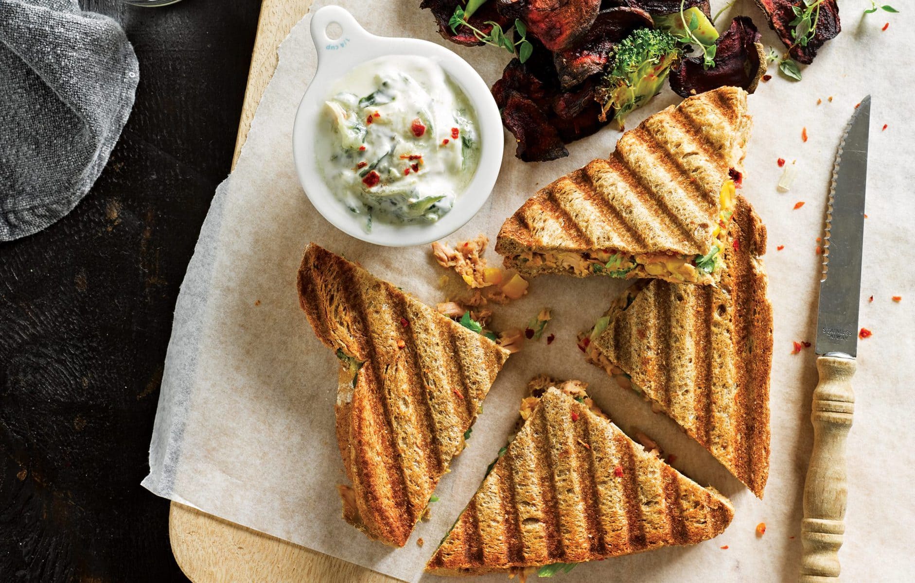 Tuna, corn and onion toasties with vege chips