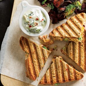 Tuna, corn and onion toasties with vege chips
