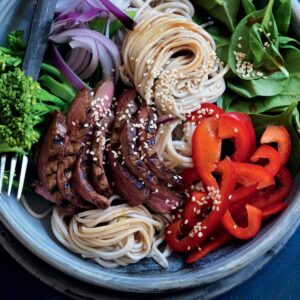 Warm wasabi beef, soba noodle and spinach salad