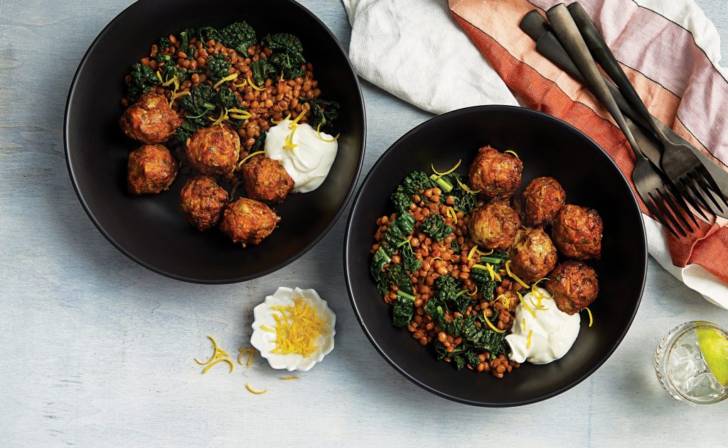 Lamb and vege meatballs with spiced lentils Lamb and vege meatballs with spiced lentils
