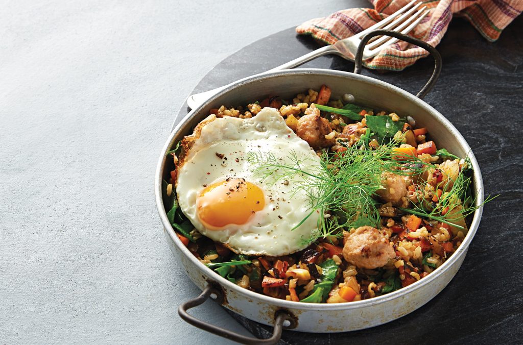 Vegetable and sausage pilaf with egg Vegetable and sausage pilaf with egg