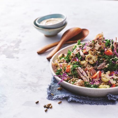 Chicken and roast veg salad with lemon chilli dressing
