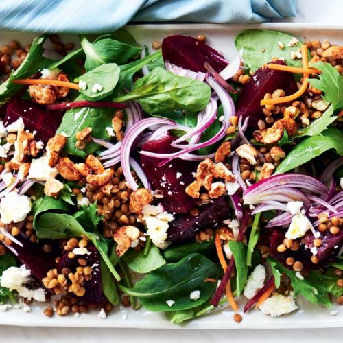 Baby beetroot, feta and lentil salad
