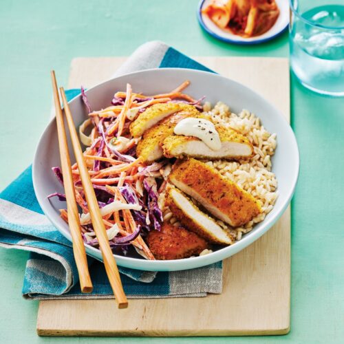 Katsu chicken with slaw and rice