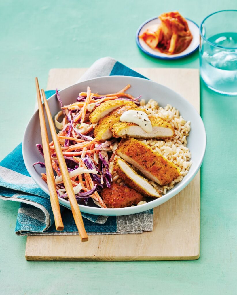 Katsu chicken with slaw and rice Katsu chicken with slaw and rice