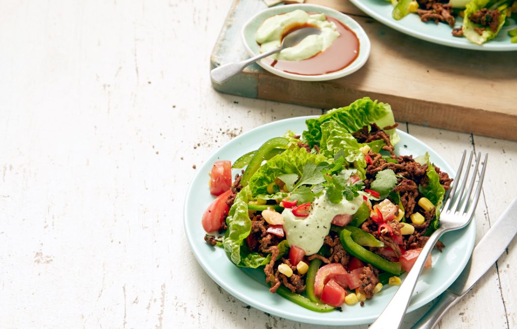 Mexi taco salad with tangy avocado yoghurt dressing