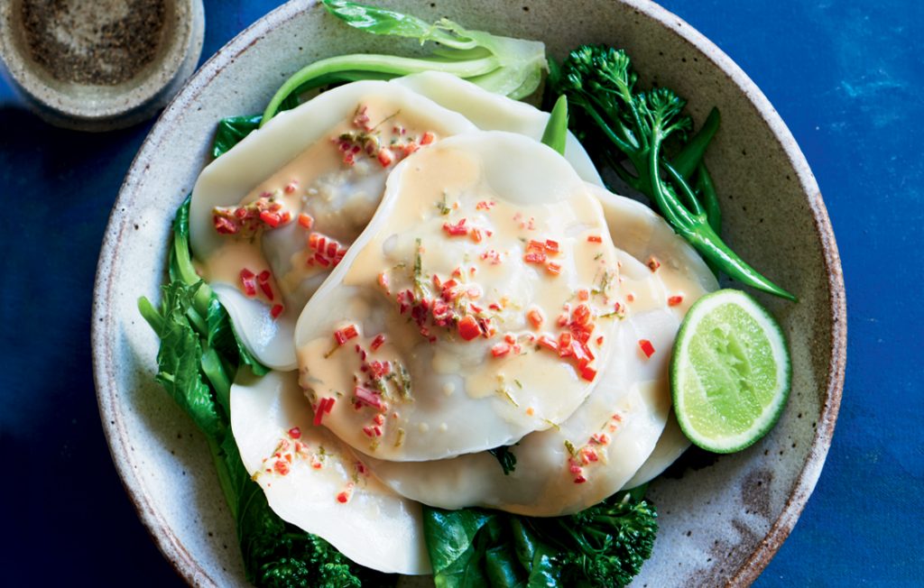 Mushroom ravioli with chilli and lime sauce