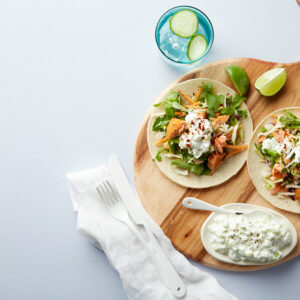 Salmon tacos with cucumber cream