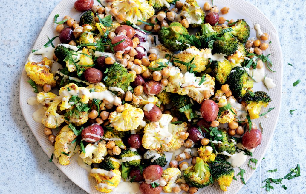 Turmeric-roasted cauliflower, grape, chickpea and mint salad