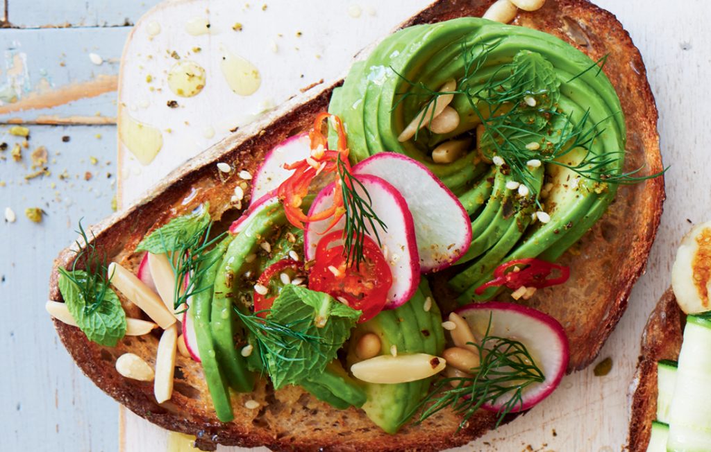 Avocado with herb salad and dukkah bruschetta