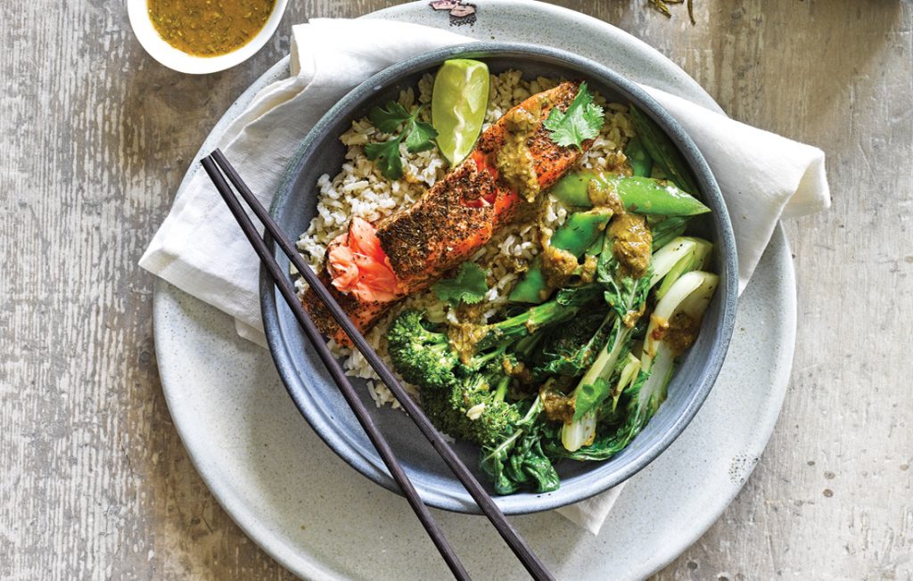 Green tea salmon with miso greens Green tea salmon with miso greens