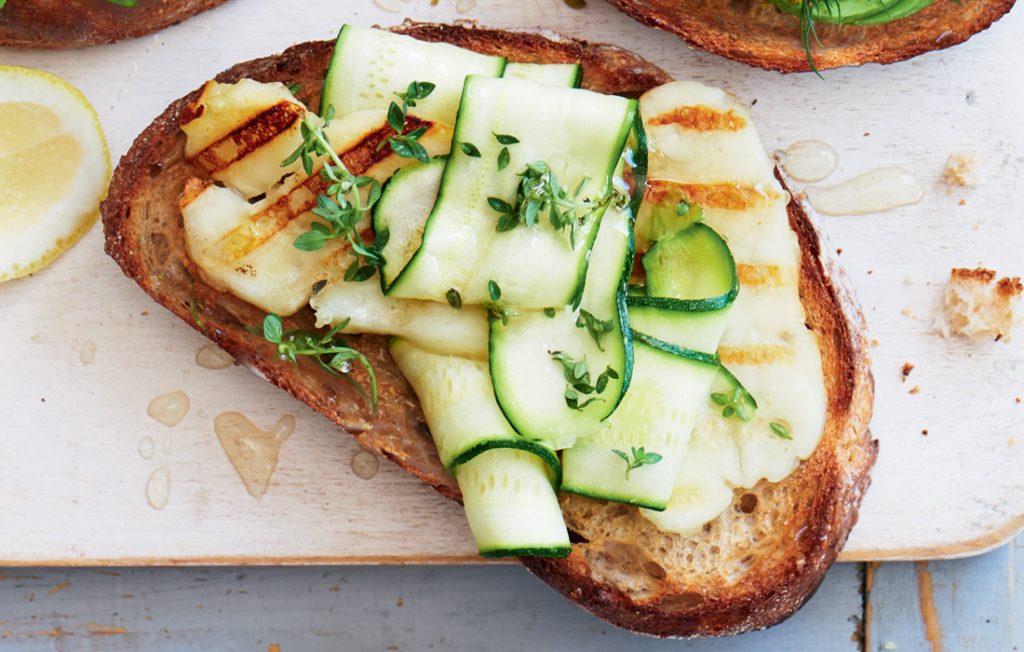 Grilled haloumi, courgette and thyme bruschetta