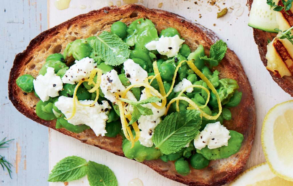 Smashed pea, broad bean and mint vegetarian bruschetta