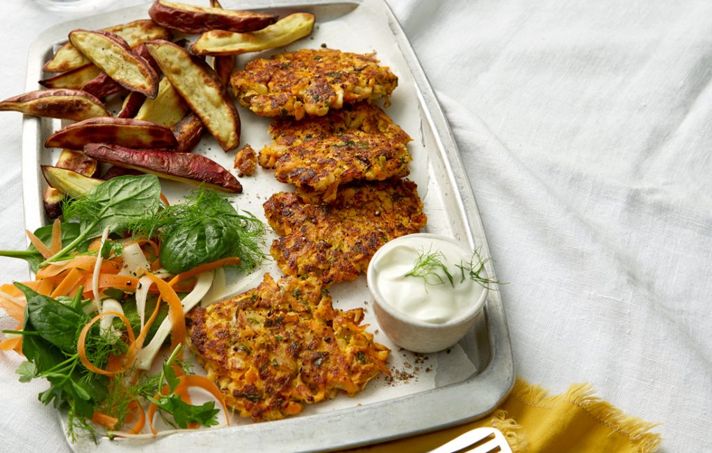 Smoked fish cakes with kumara chips and crunchy salad
