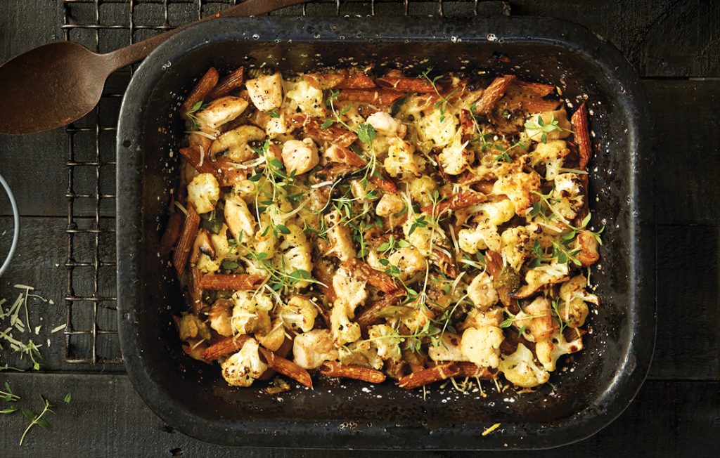 Creamy mushroom, chicken and cauliflower pasta bake