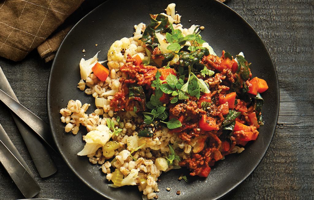 Lamb ragout with barley and cauliflower pilaf