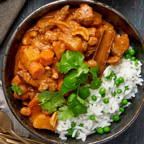 Massaman curry with jasmine and pea rice