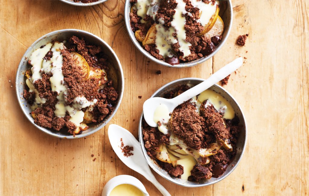 Pear and double chocolate crumble