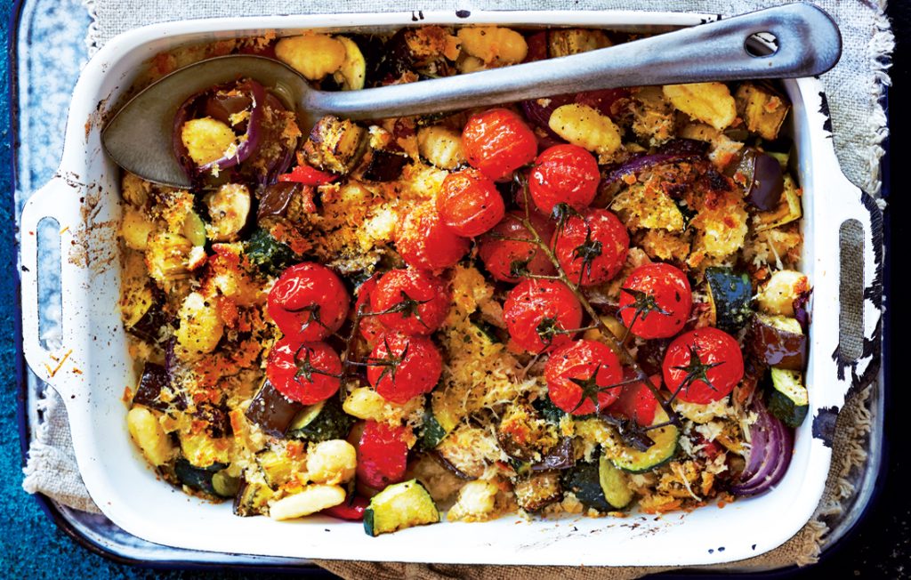 Roasted vegetable and potato gnocchi bake with avocado whip