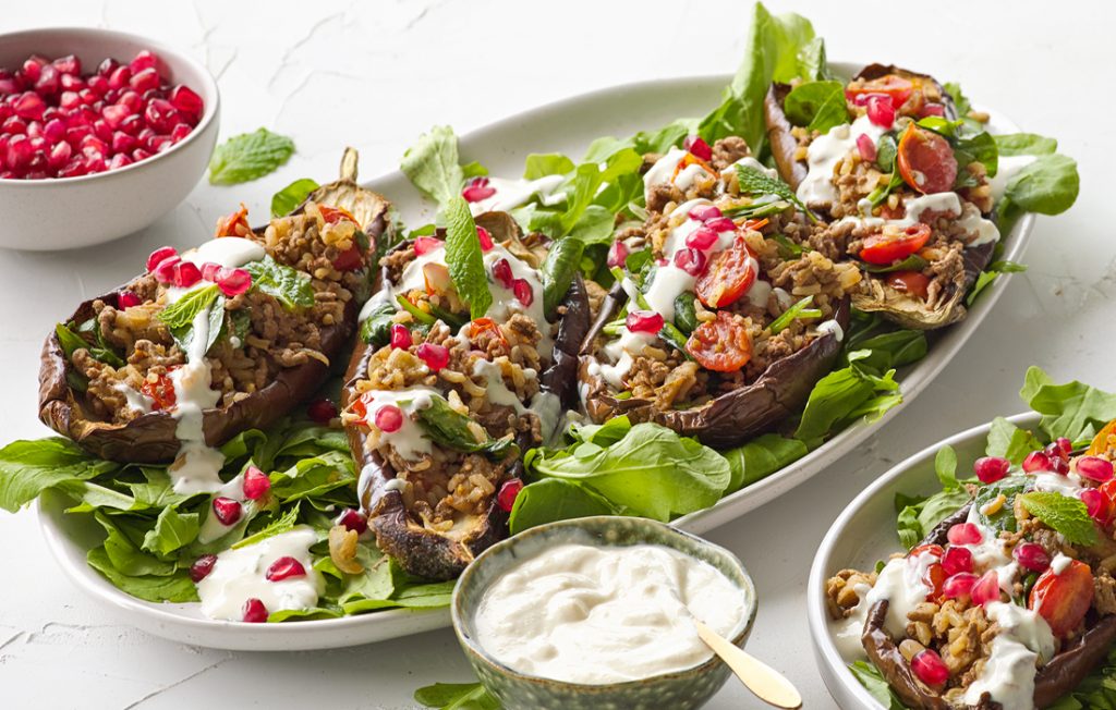 Stuffed eggplant with tahini sauce