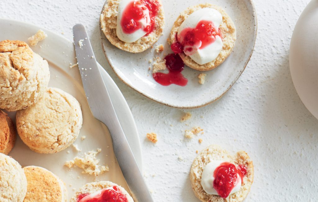 Almond scones with vanilla yoghurt and crushed berries
