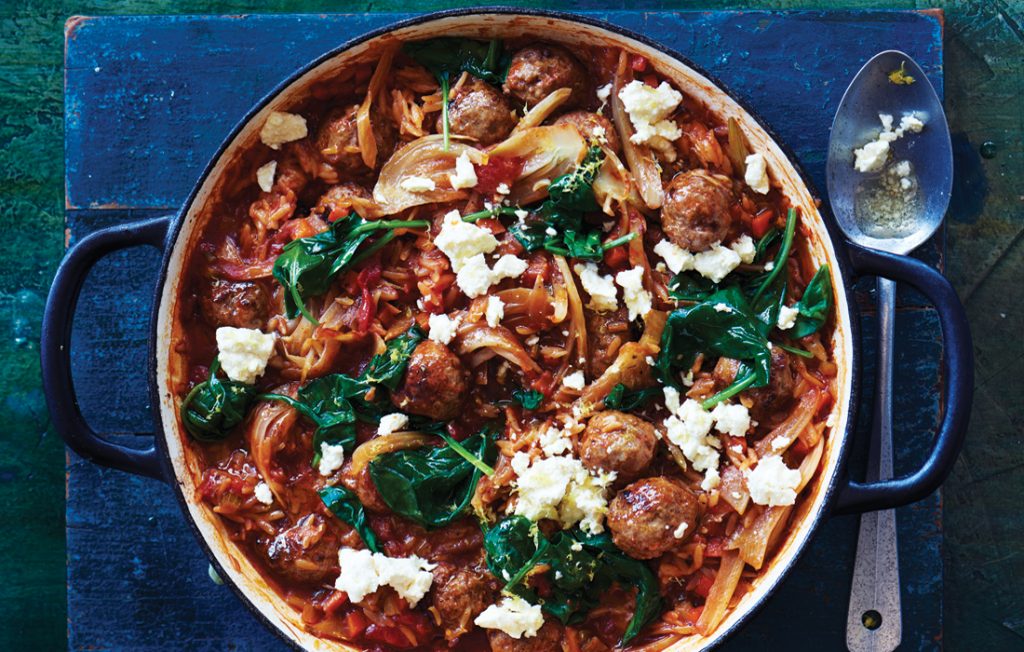 Baked Greek-style meatballs with risoni