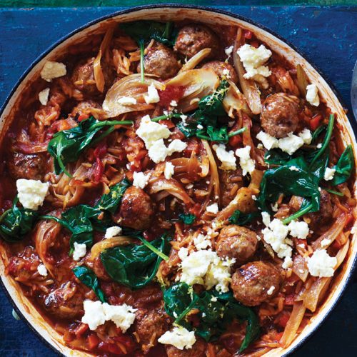 Baked Greek-style meatballs with risoni